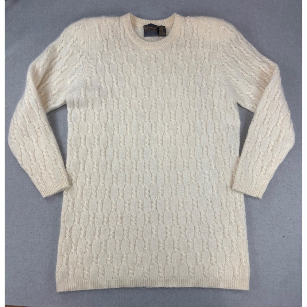Vtg Collection Point Of View Wool & Angora beaded cream cable‎ knit sweater XL